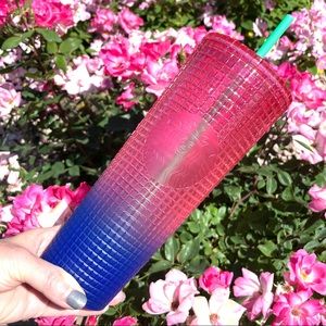 Starbucks Summer 2022 Watermelon Ombre’ Indigo Blue and Pink Grid Tumbler